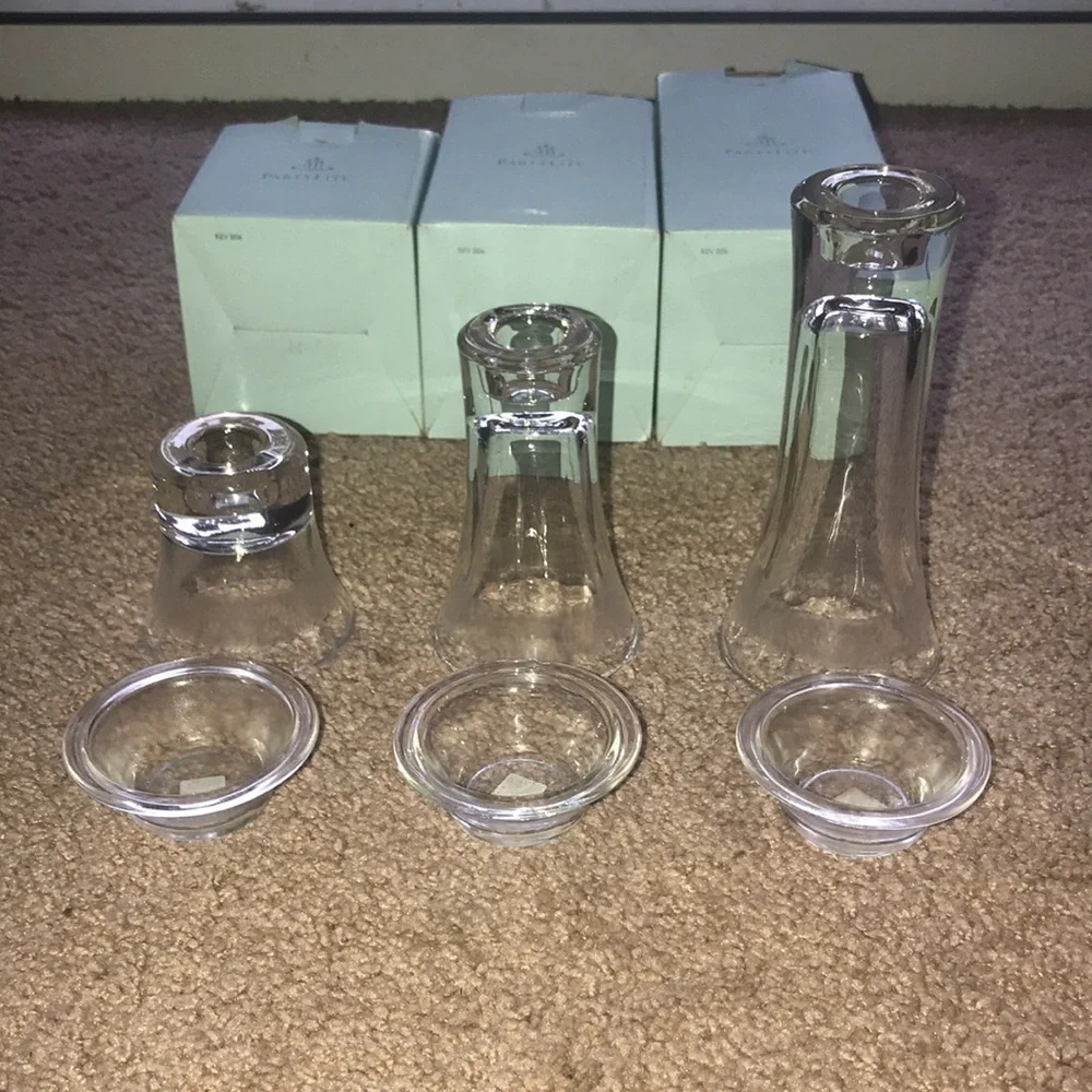 PartyLite clarity etched glass taper/tea light candle holders set of 3 NIB - Picture 4 of 11